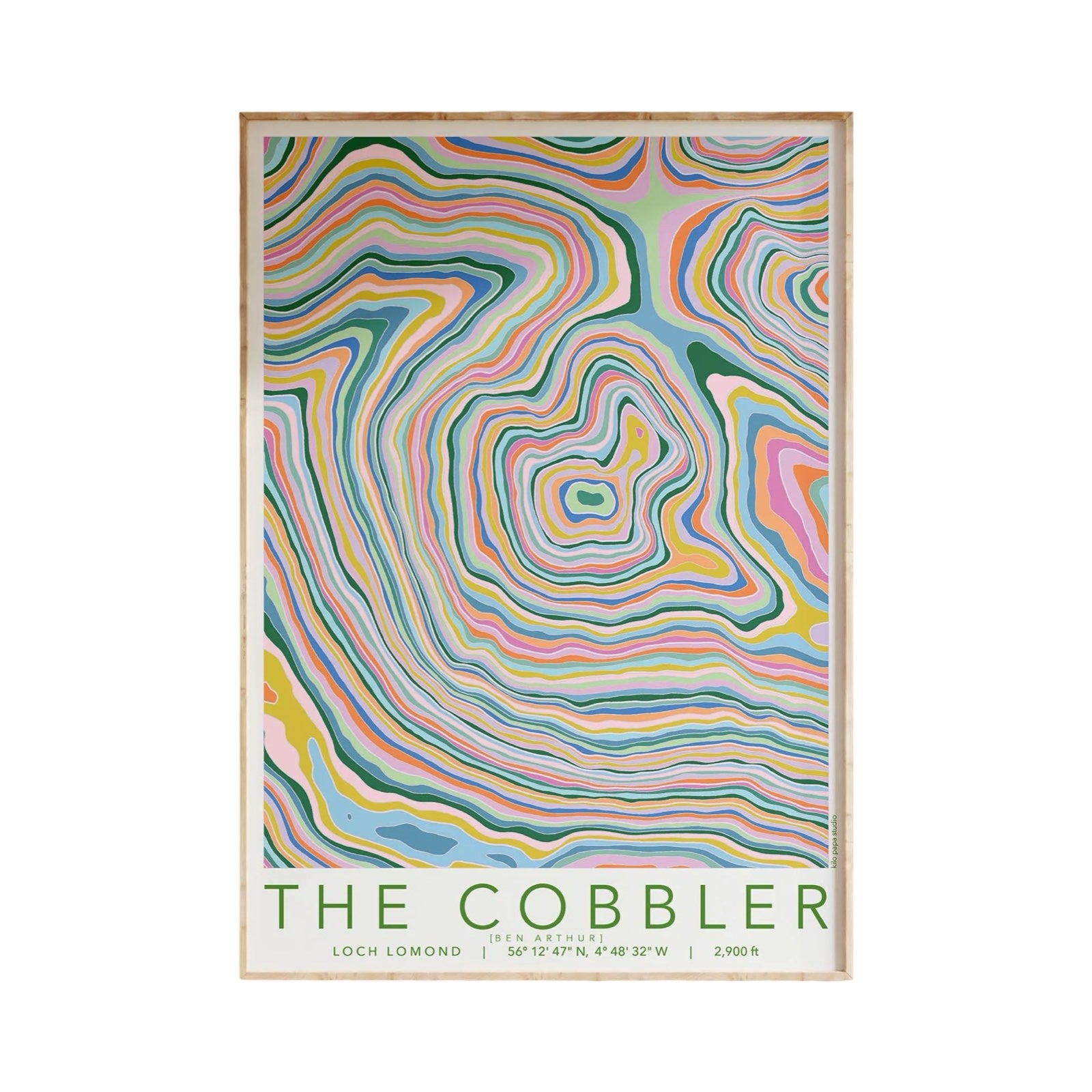 Colourful topography map print of The Cobbler mountain near Loch Lomond.