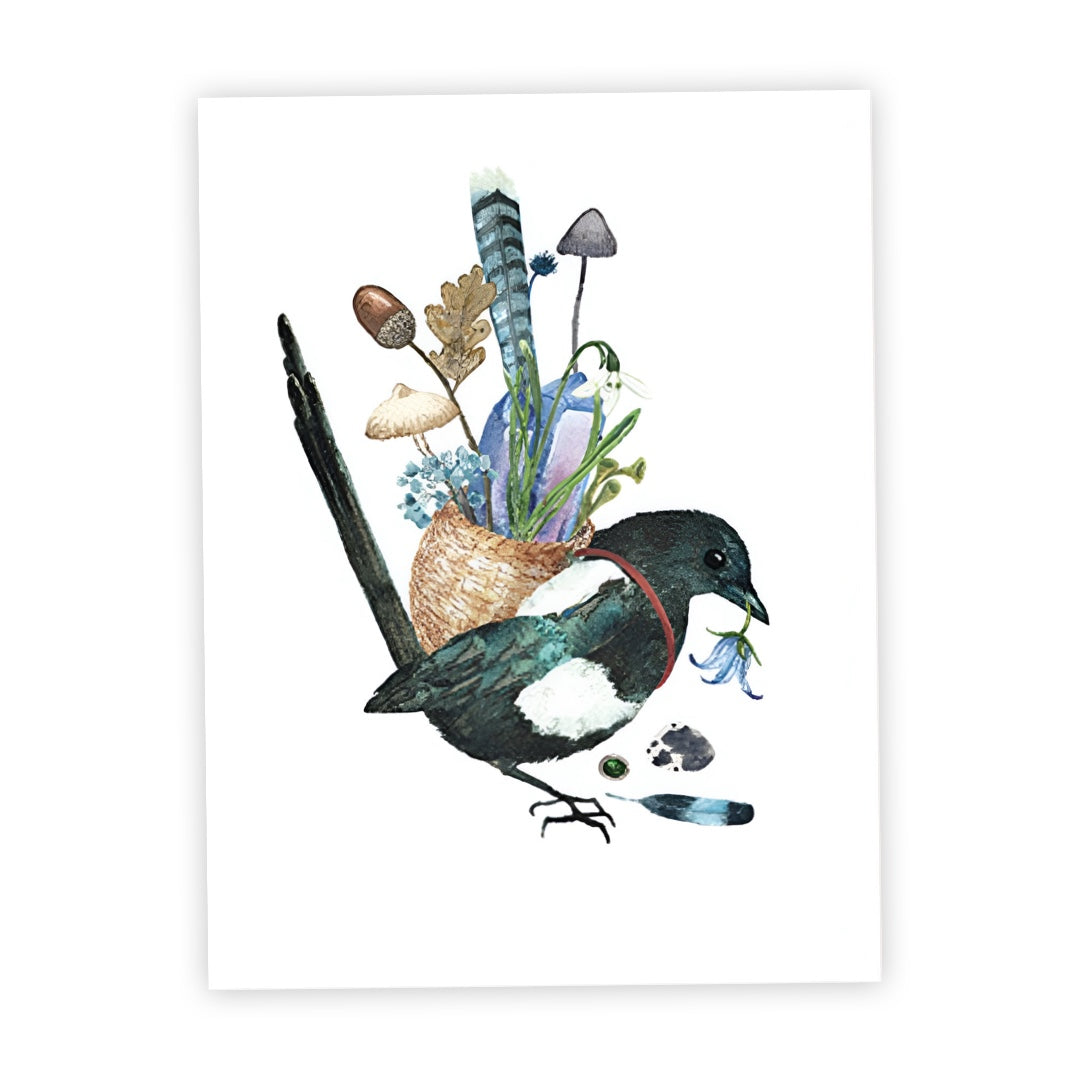 Print featuring a magpie out foraging, collecting a basket of flowers, feathers and leaves against a white background.