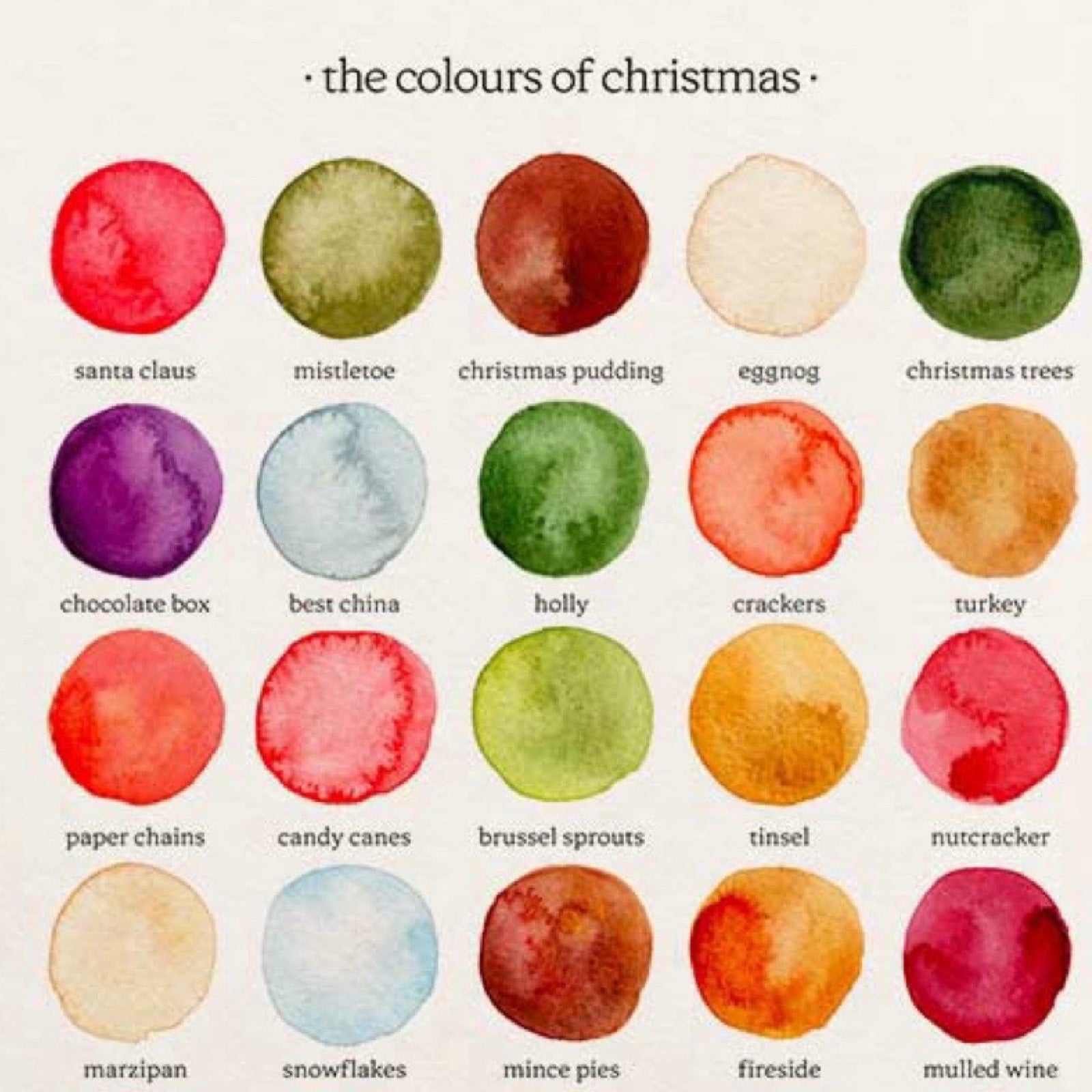 Color swatches labeled with Christmas-themed names on a white background.