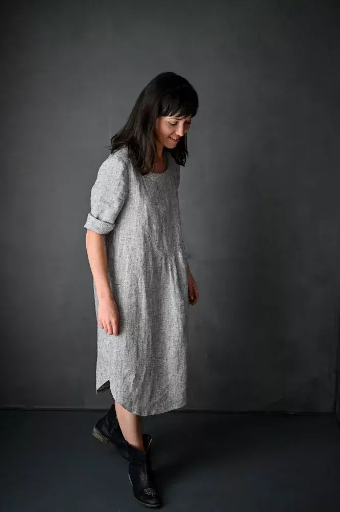 Sewing pattern for a lightweight, versatile shirt dress with a relaxed, classic cut to be worn loose.
