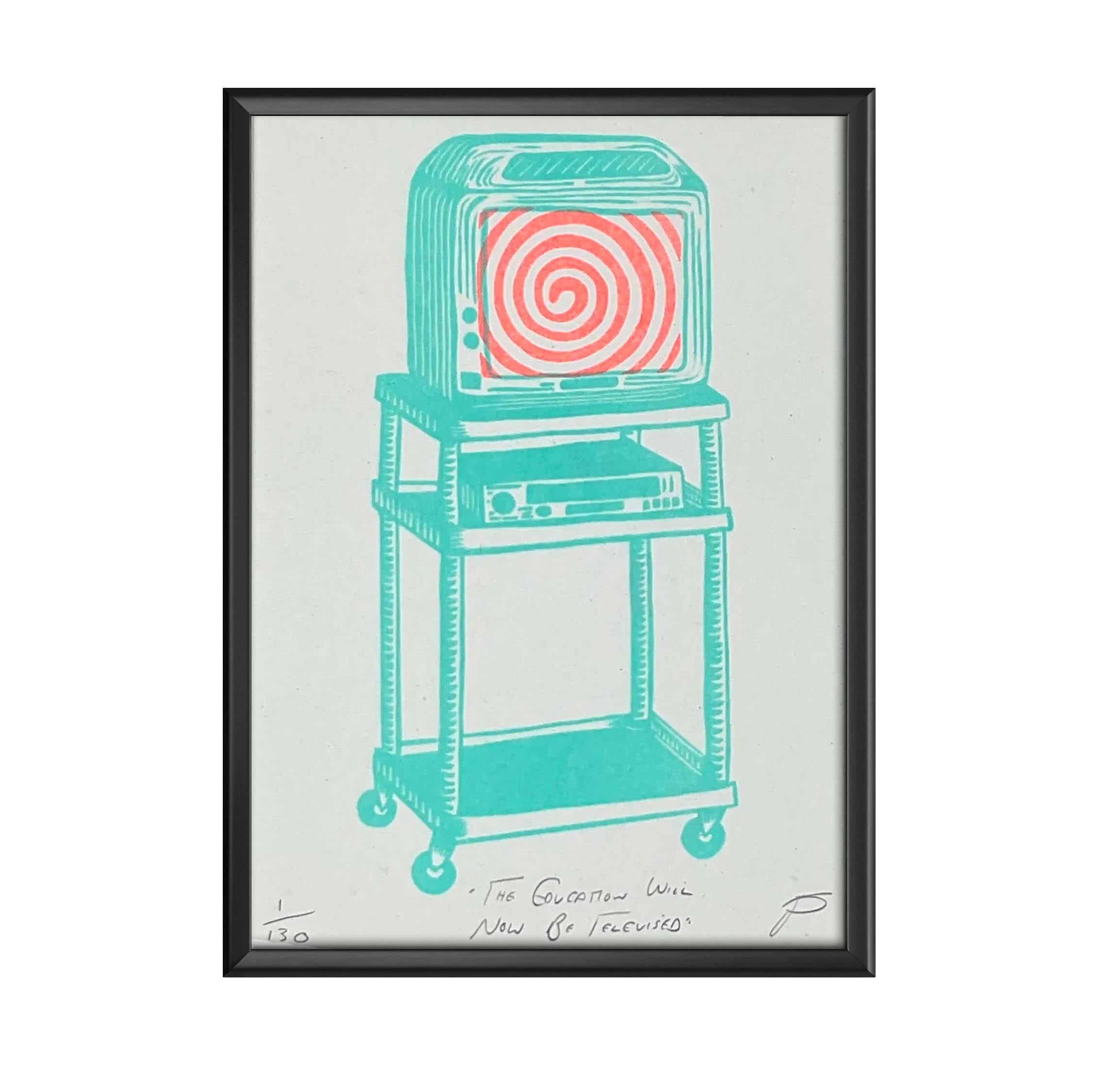 Print of a retro television with a video player stacked underneath with a red and white swirl on the screen in a black picture frame.