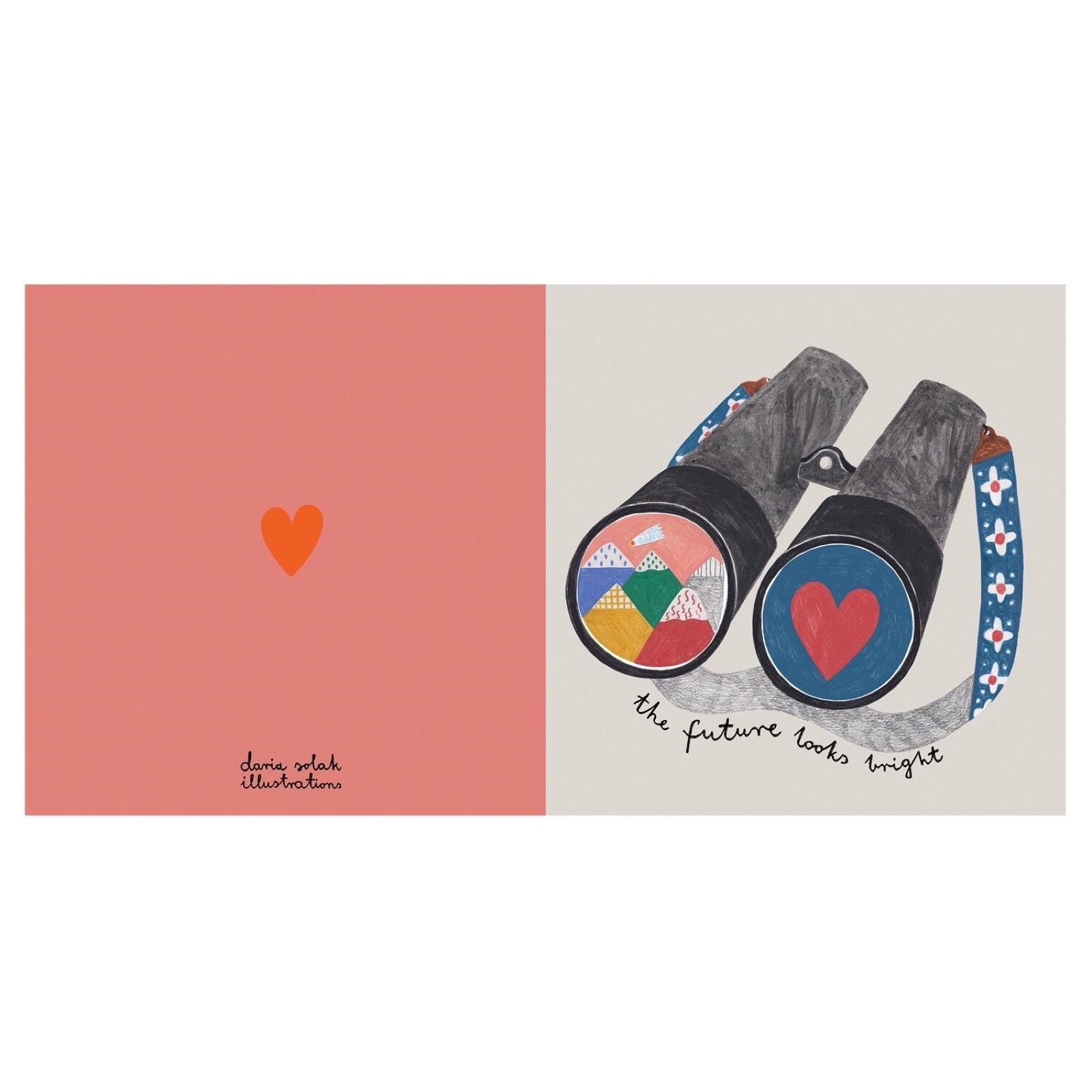 Card with binoculars and heart design with black text on a beige background, with the open back of the card in pink wth a red heart and text.