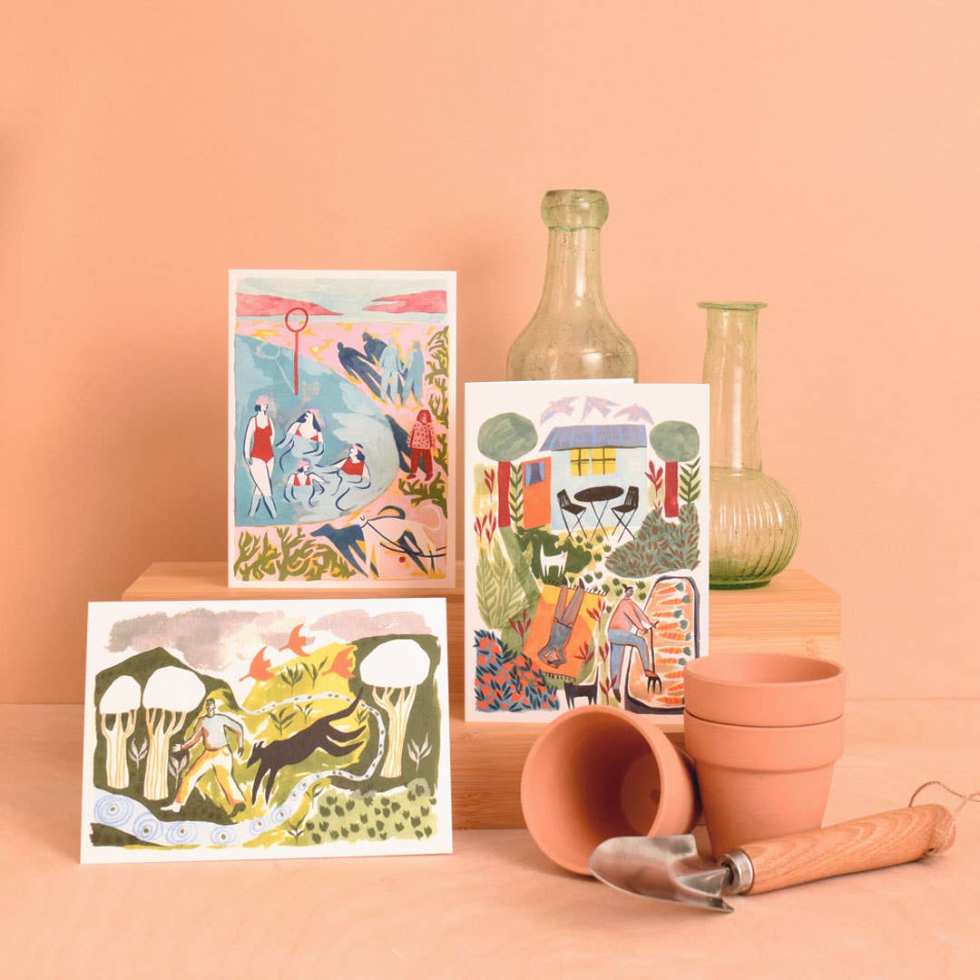 Three illustrated greeting cards on a peach background with decorative vases and pots.