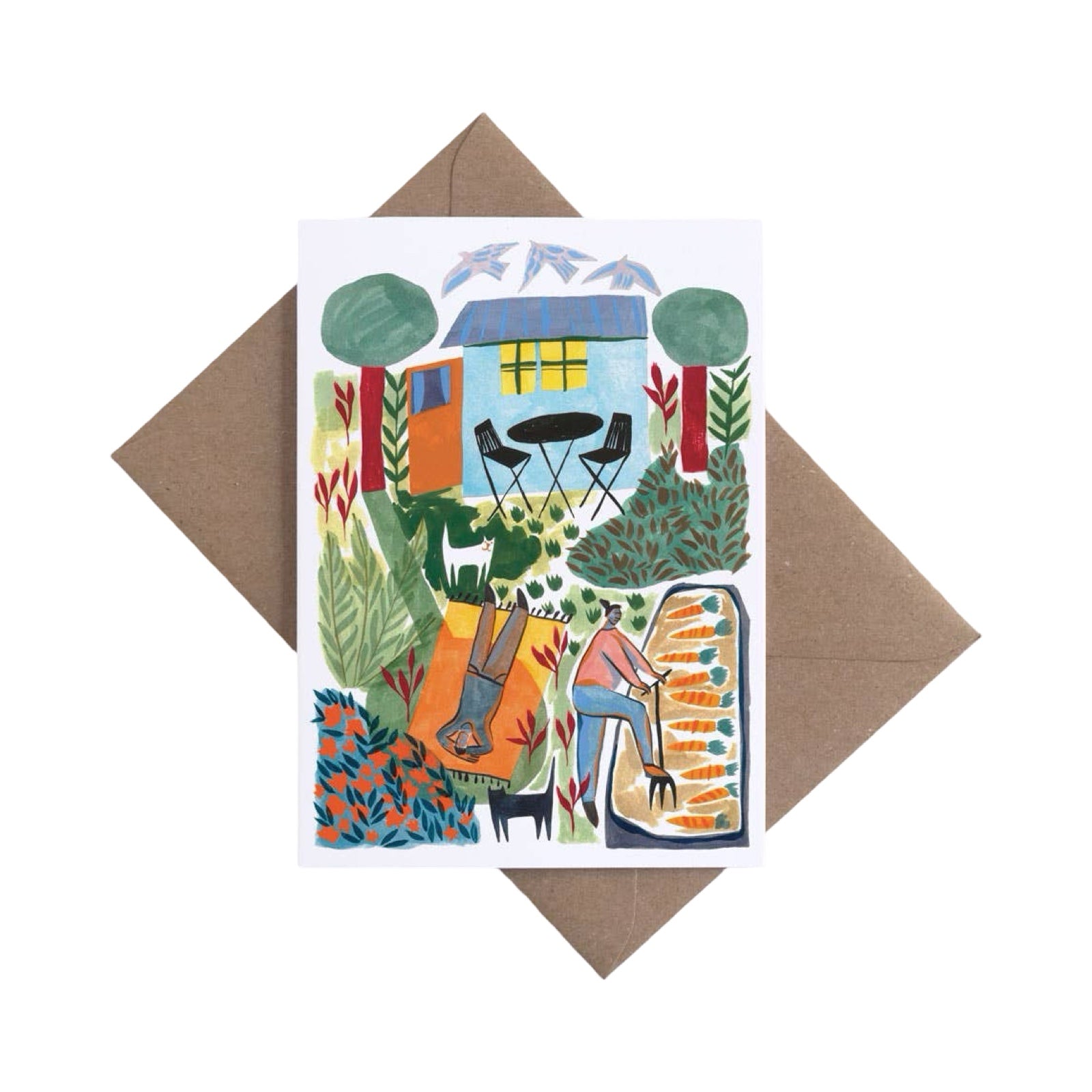 Greeting card with garden scene illustration on a brown envelope.