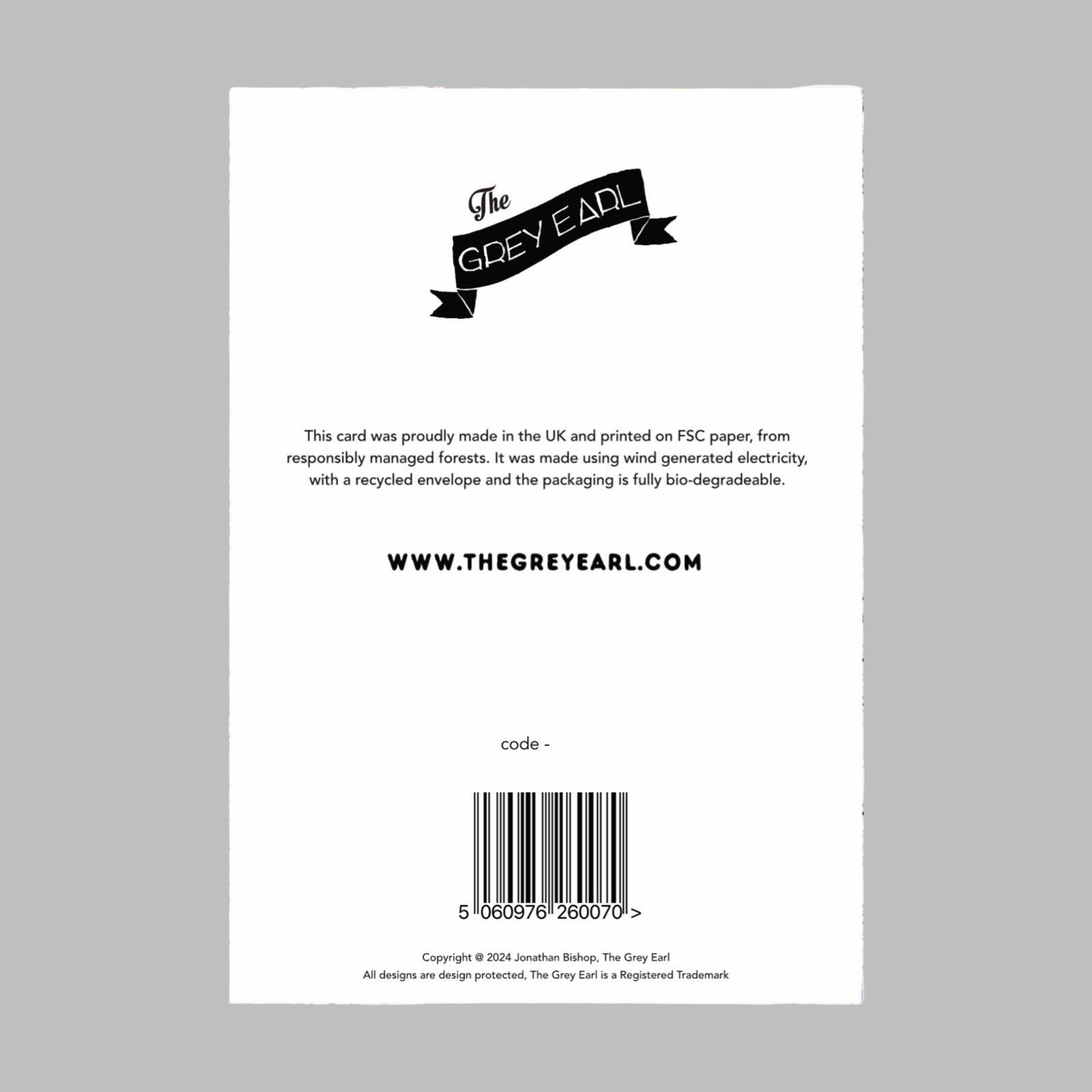 A white back of a greeting card with The Grey Earl logo.