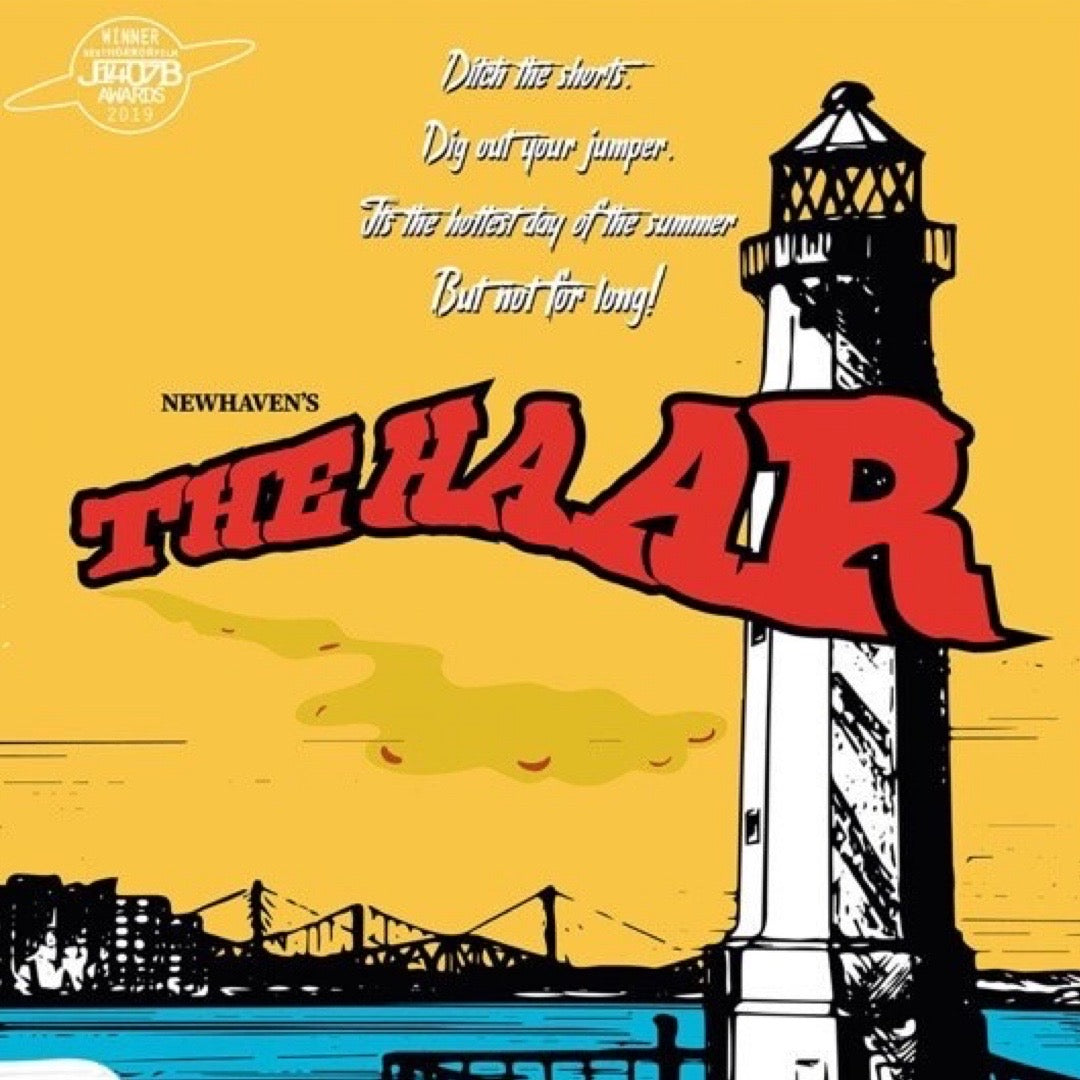 This print features a movie poster design that illustrates the Newhaven Lighthouse in Edinburgh with the 3 Forth Bridges in the background