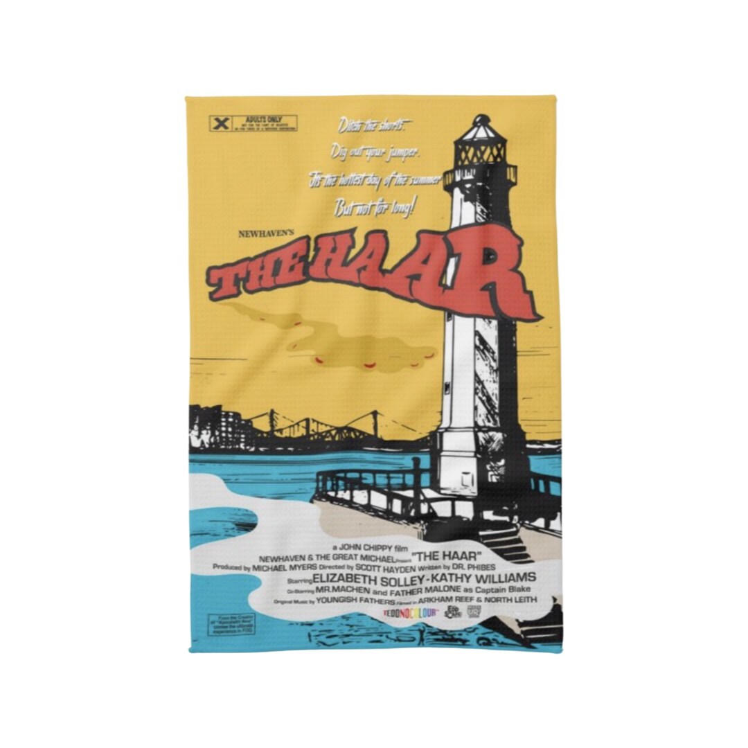 Tea towel featuring an illustration of Newhaven Lighthouse in Edinburgh with the 3 Forth Bridges in the background