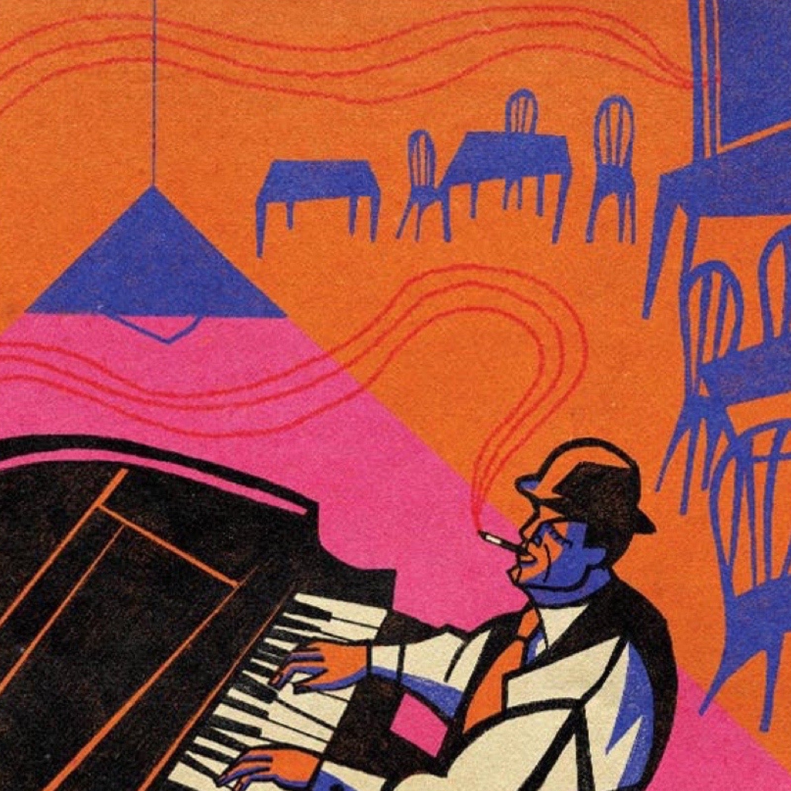 A stylised graphic illustration of a man in a hat playing a piano while smoking a cigarette, set against an orange background with blue chairs and tables and pink abstract shapes.