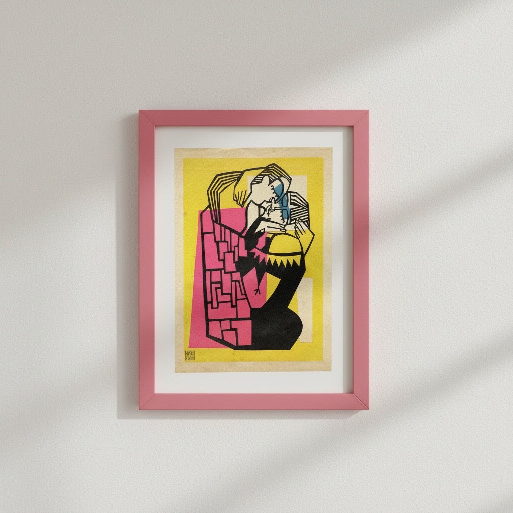 A framed art print featuring a stylised illustration of a couple in a pink and black design on a yellow background, housed in a pink frame and displayed on a white wall with soft diagonal shadows.