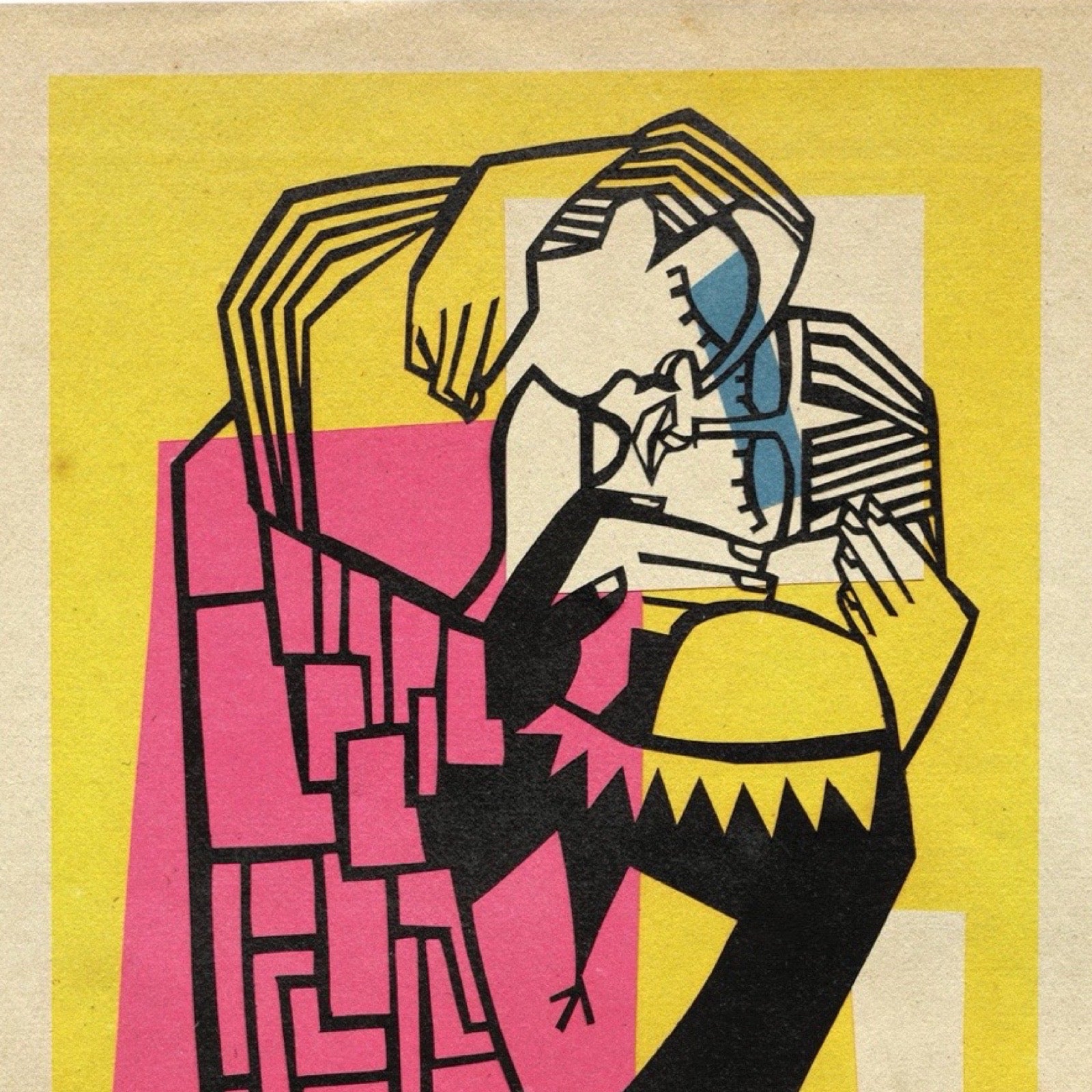 A stylised artwork showing two figures embracing, rendered in bold black linework with pink, yellow, beige, and blue areas on a textured off-white background.