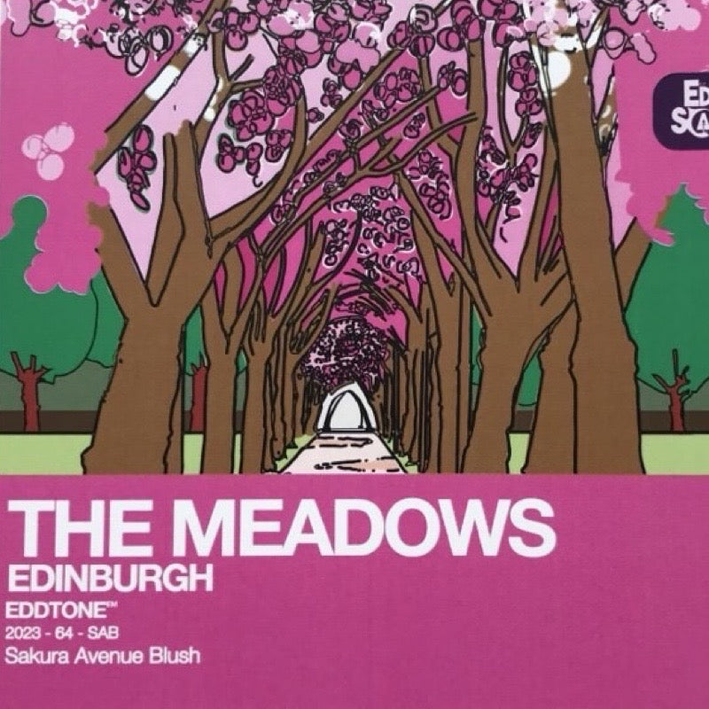 Album cover for 'The Meadows Edinburgh' with cherry blossom trees and pink sky.