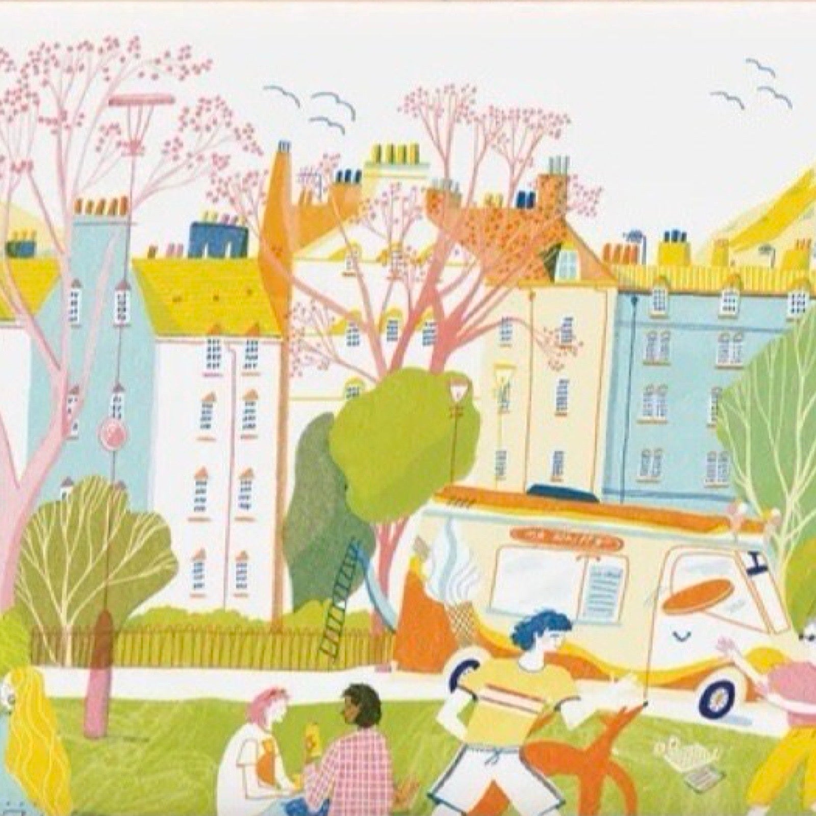 This print illustrates the Meadows in Edinburgh on a beautiful summer day.