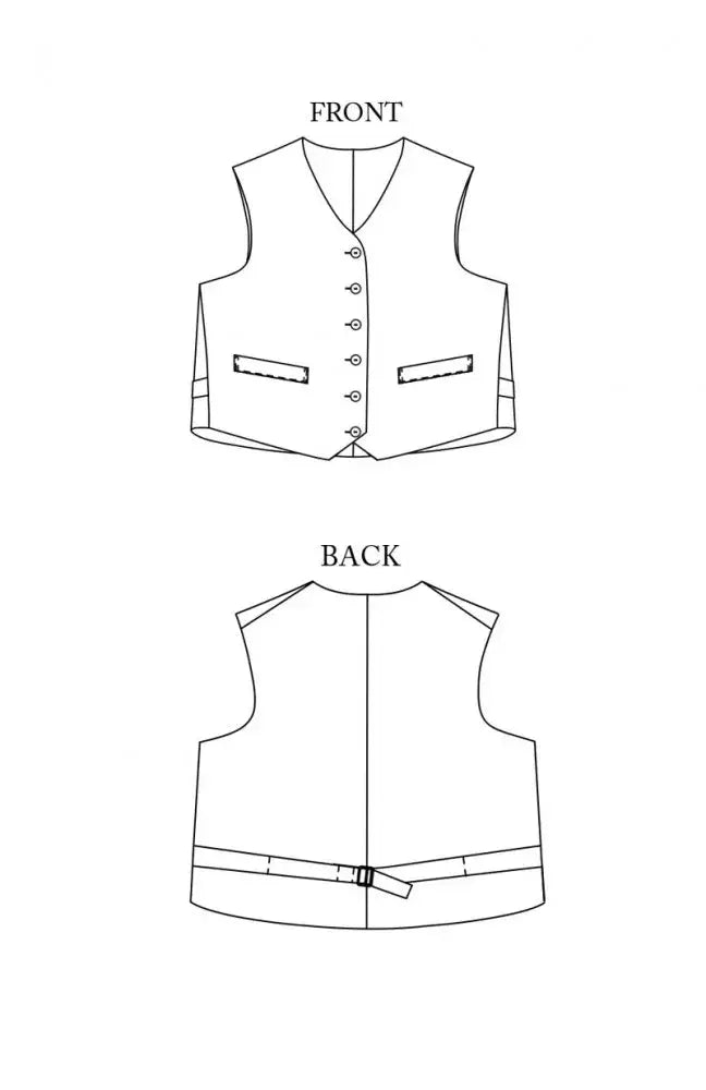Sewing pattern for a waistcoat with a structured, boxy fit, two welt pockets and a simple stitched belt at the back.