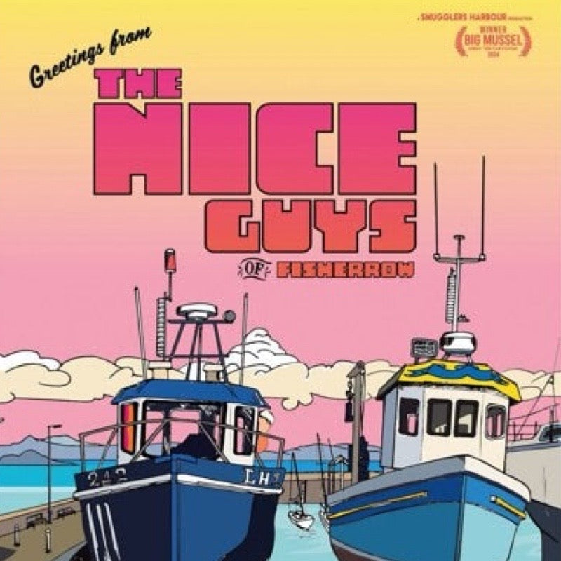 This print features a movie poster design with an illustration of fishing boats in Fisherrow Harbour, Musselburgh, Scotland