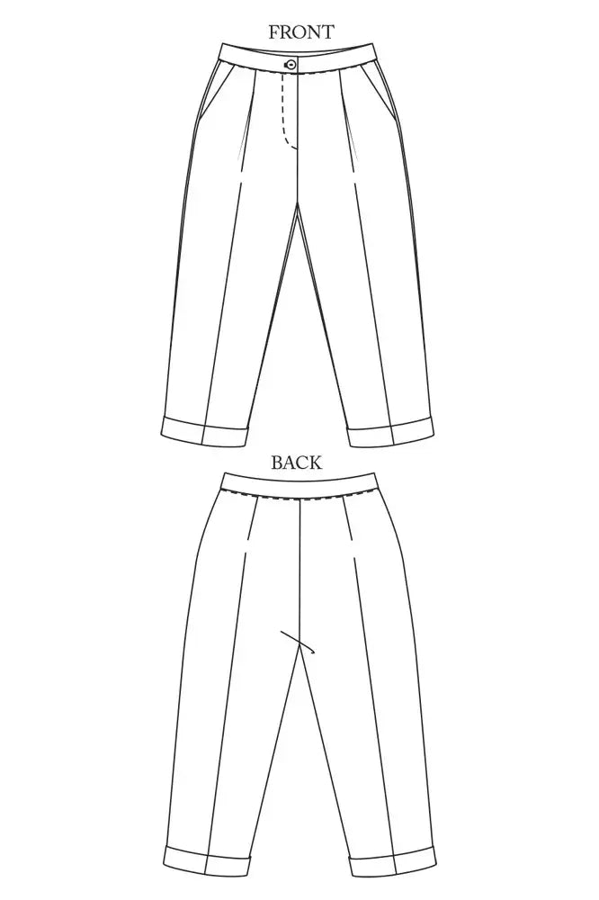 Sewing pattern for a pair of 'peg' trousers featuring a fly front, angled pockets and turn-ups.
