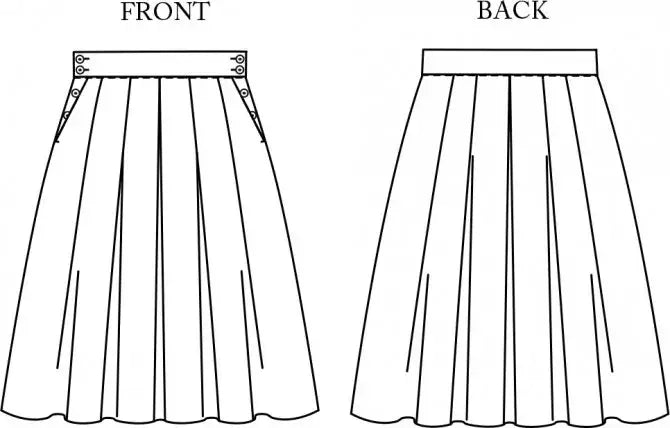Sewing pattern for an A-line skirt with slanted pockets, side button fastenings and pleats for fullness.