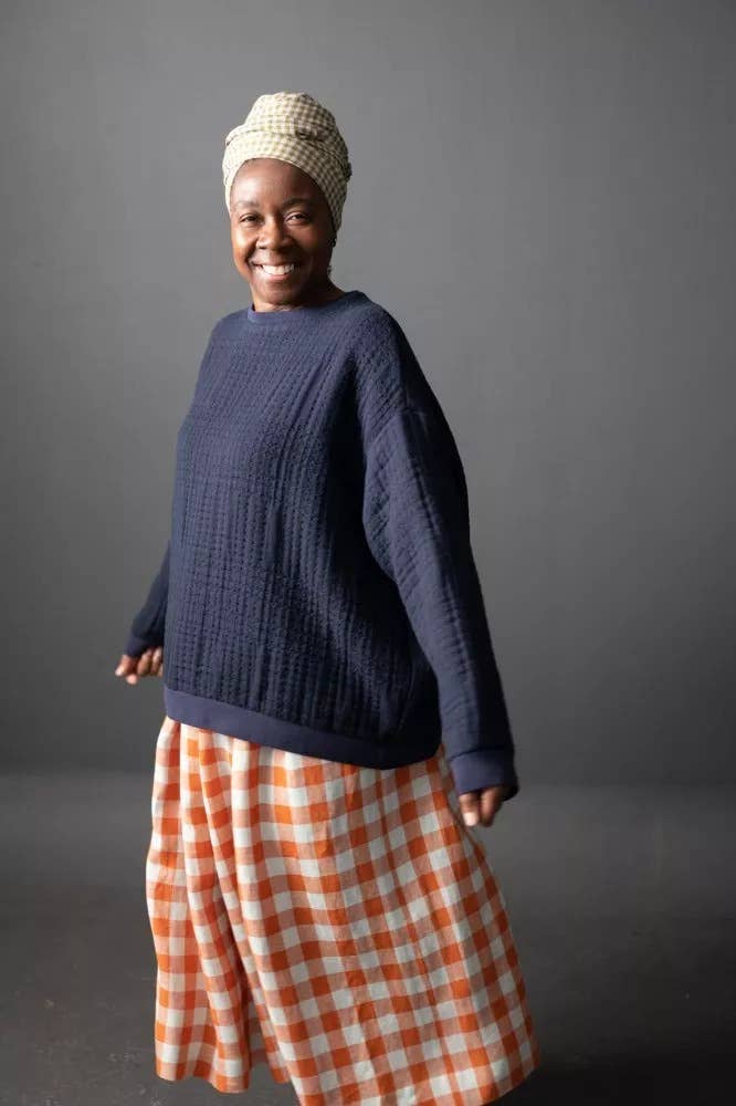 Sewing pattern for a boxy sweatshirt with a loose crew neck and finger-skimming sleeves
