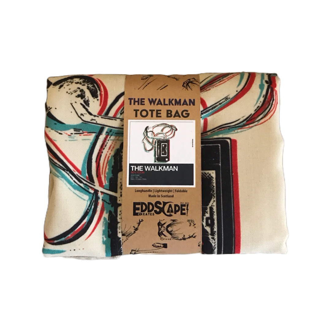 This tote bag features a square design of an illustration of the classic 80's walkman.