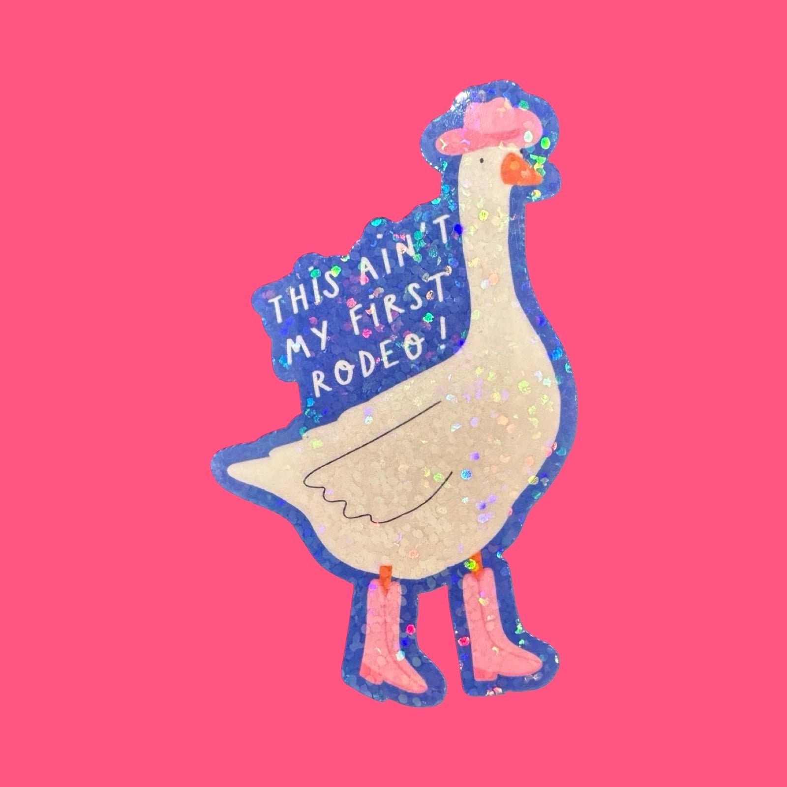 Illustration of a goose wearing a cowboy hat and boots with text on a pink background.