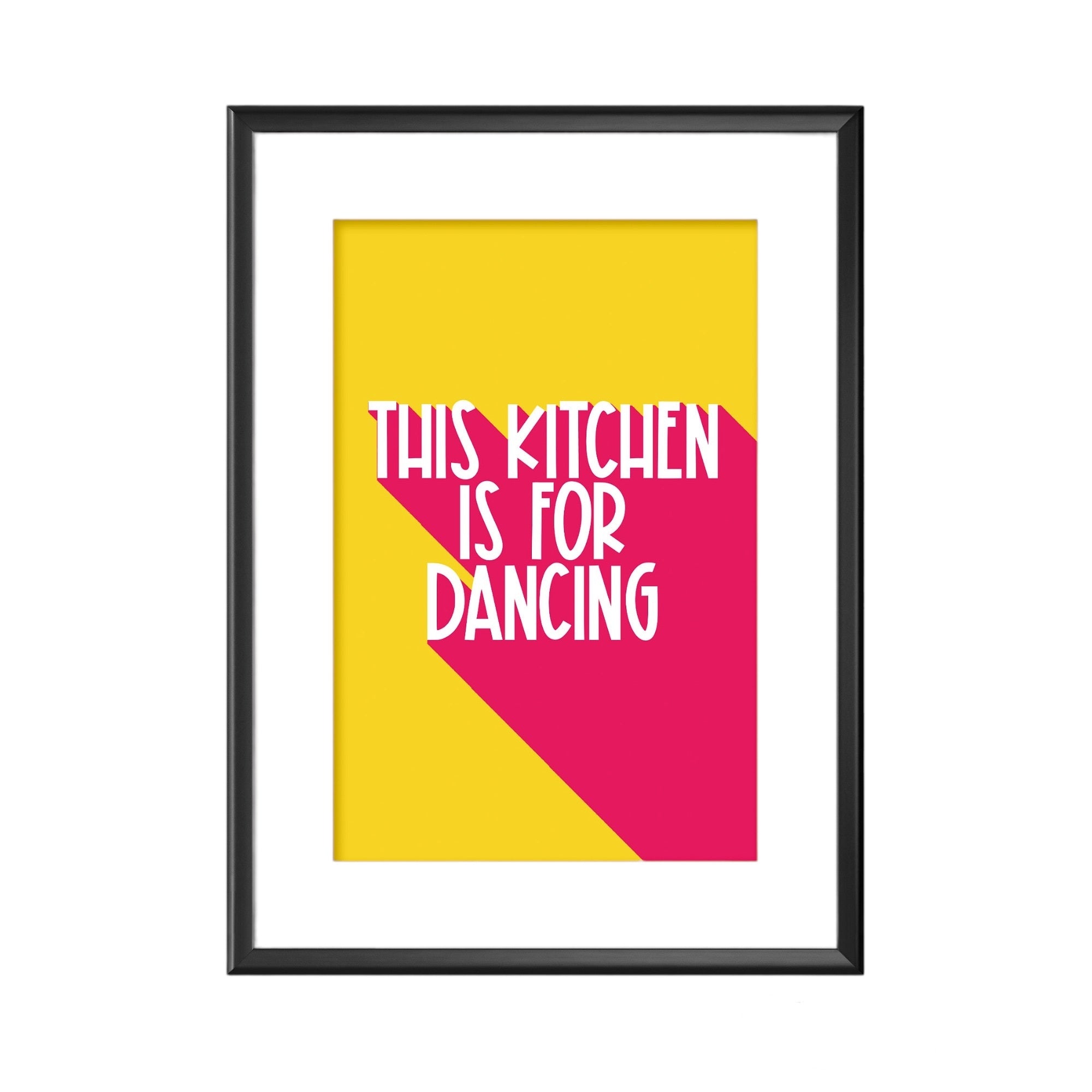 An image of a poster that reads this kitchen is for dancing in red and yellow.