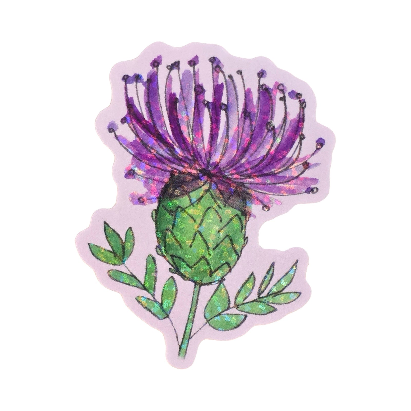 Sticker of a purple thistle flower with green leaves on a white background.