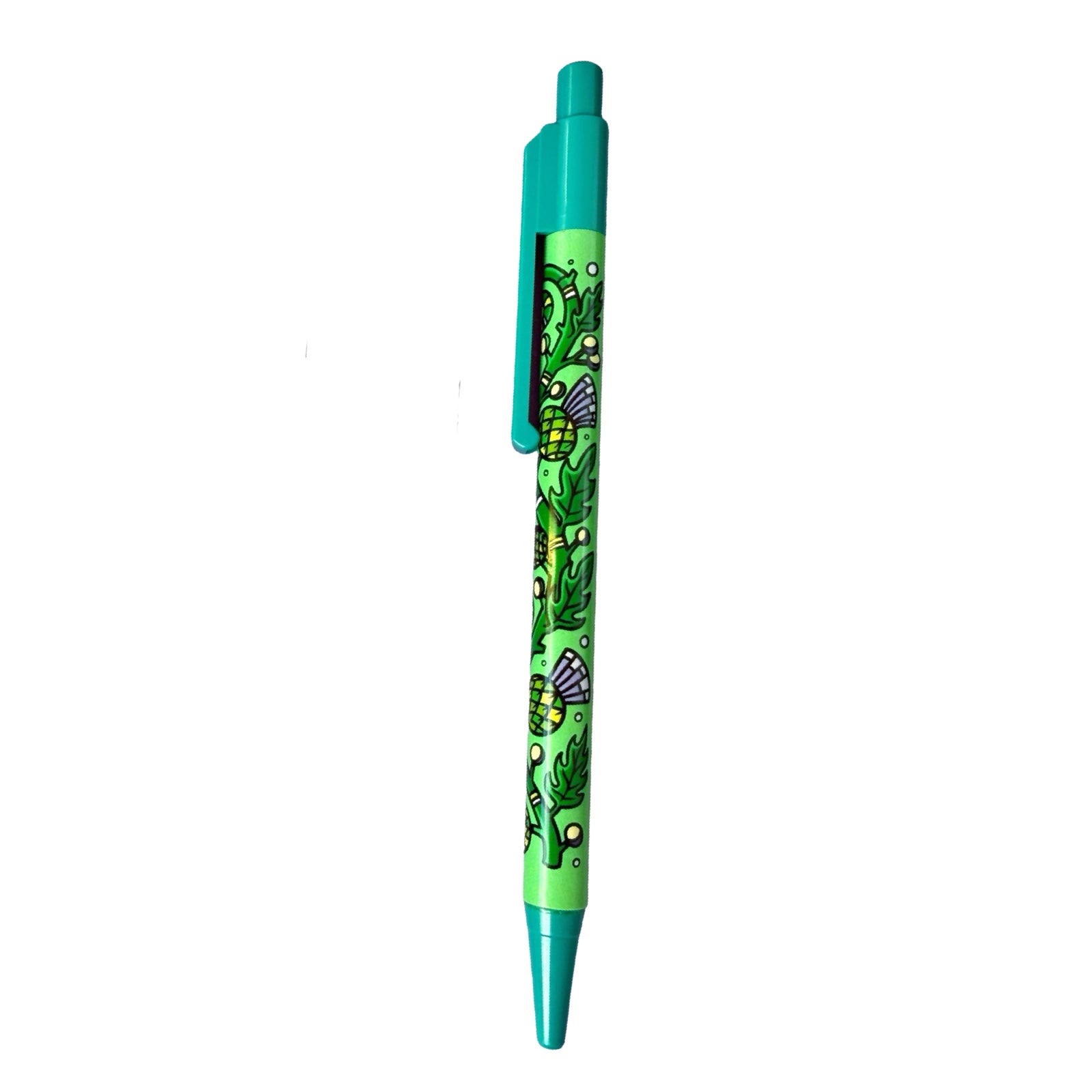 Pen with green and blue thistle design on a white background.