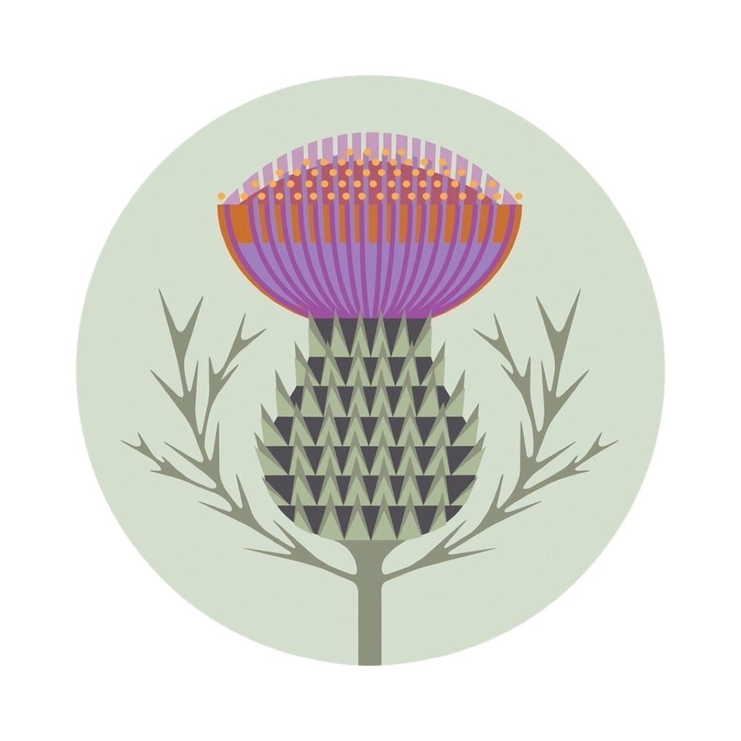 A round placemat featuring a thistle abstract design in purple and grey.