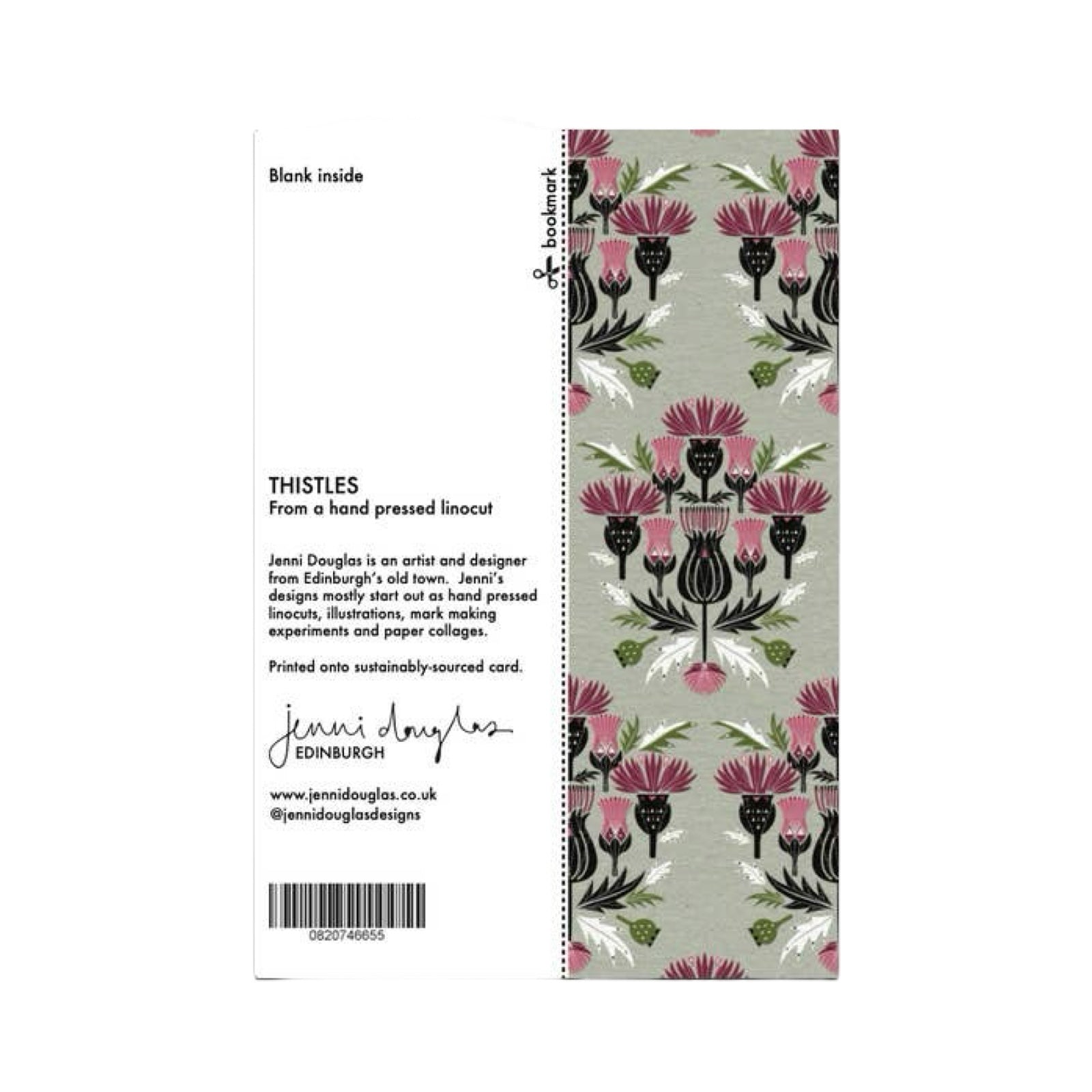 The back of a thistles art card with a cut out bookmark featuring a pink and purple linocut thistle design against a grey background.