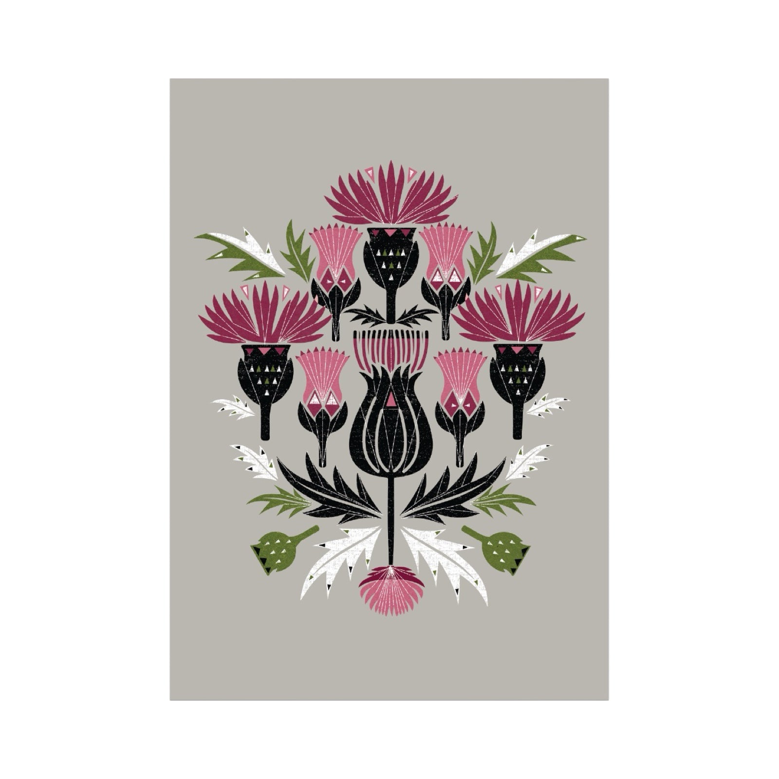 An art card featuring a pink and purple linocut thistle design against a grey background.