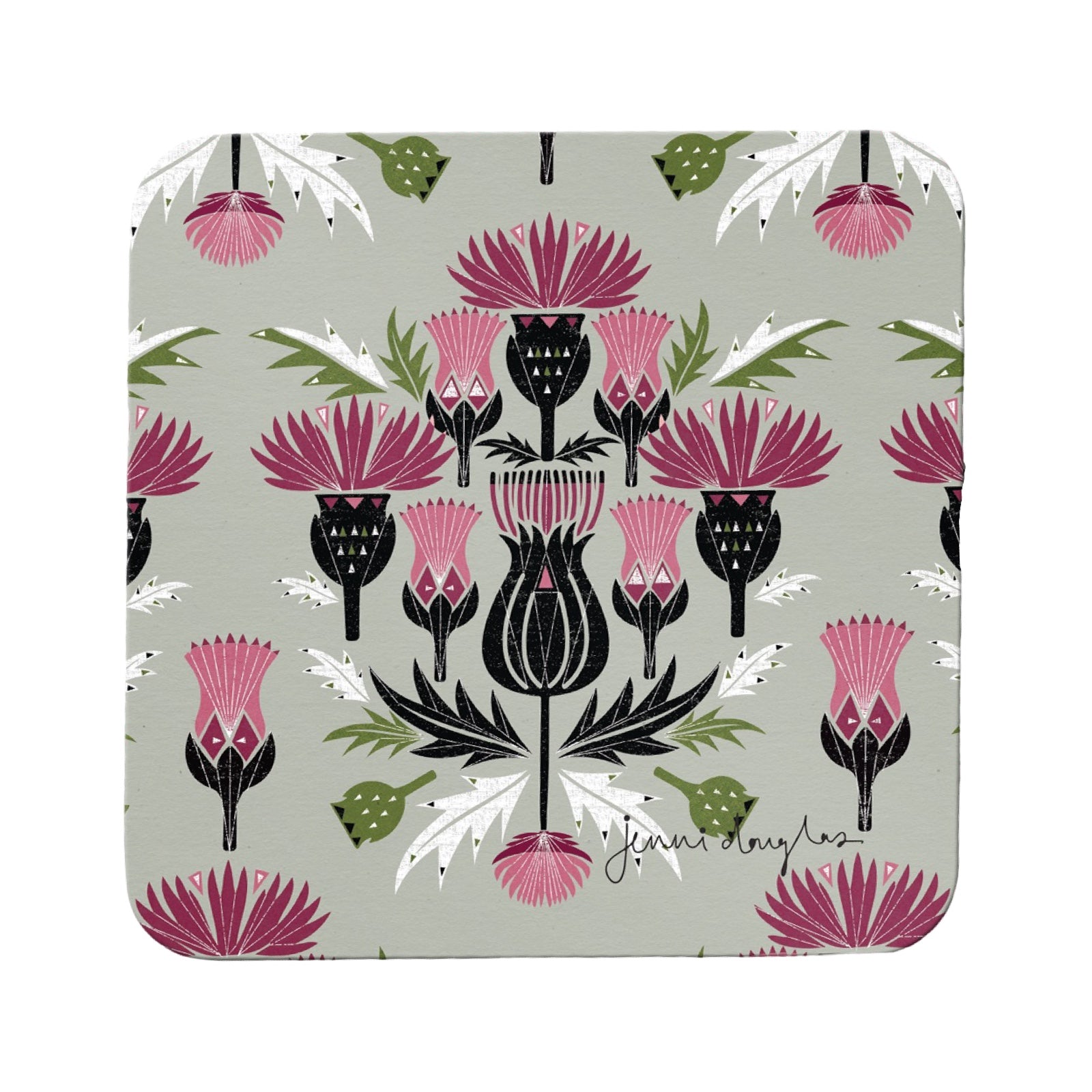 A square coaster featuring a pink and purple linocut thistle design against a grey background.