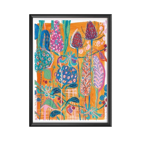 A rectangular print with deep red thistles and pink and turquoise flowers against an orange background.