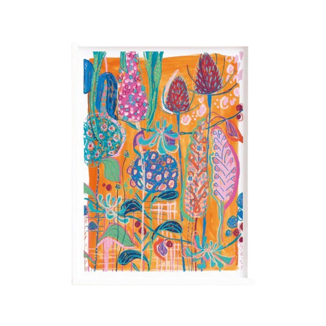A rectangular print with deep red thistles and pink and turquoise flowers against an orange background.