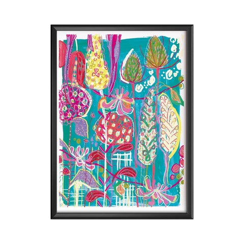 A rectangular print with green thistles and pink, red and green flowers against an turquoise background.