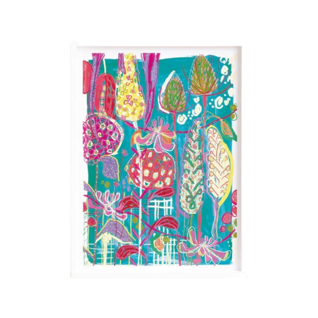 A rectangular print with green thistles and pink, red and green flowers against an turquoise background.