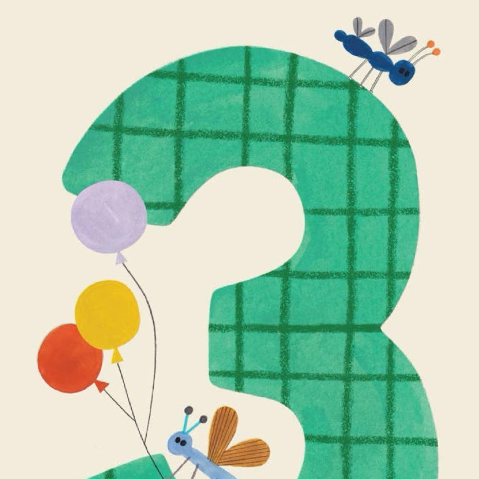 Illustration of a number '3' with colourful balloons and a insects on a beige background.