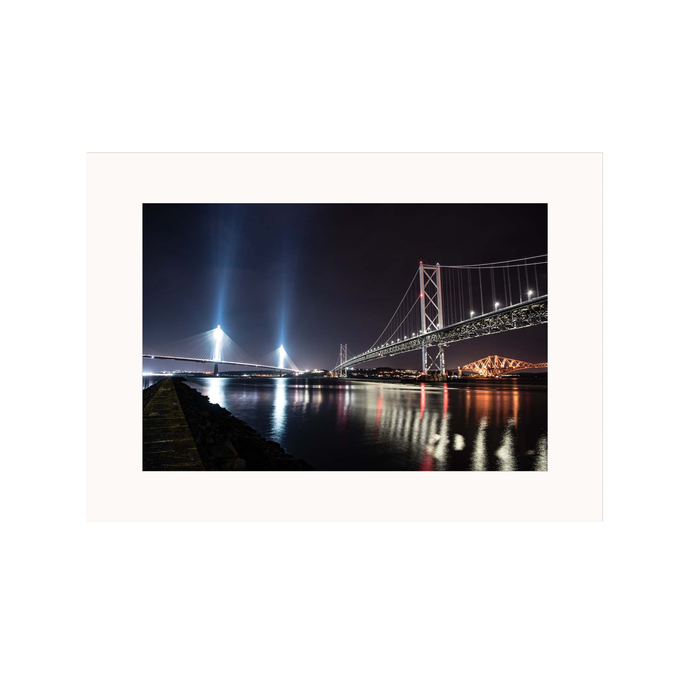 An image of the Queensferry Crossing, Forth Bridge and the Forth Road Bridge in a mount.