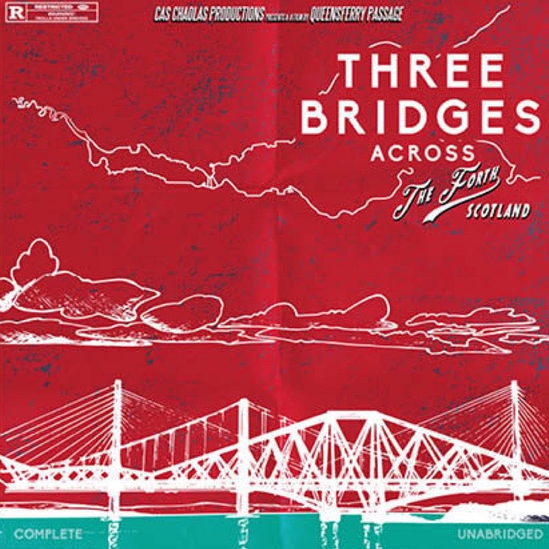Book cover of 'Three Bridges Across the Forth Scotland' with a red background and white illustrations of bridges and water.