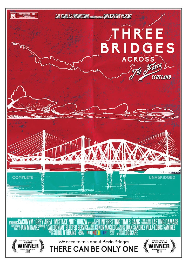 This print features a movie poster design that illustrates the three Forth Bridges near Edinburgh.