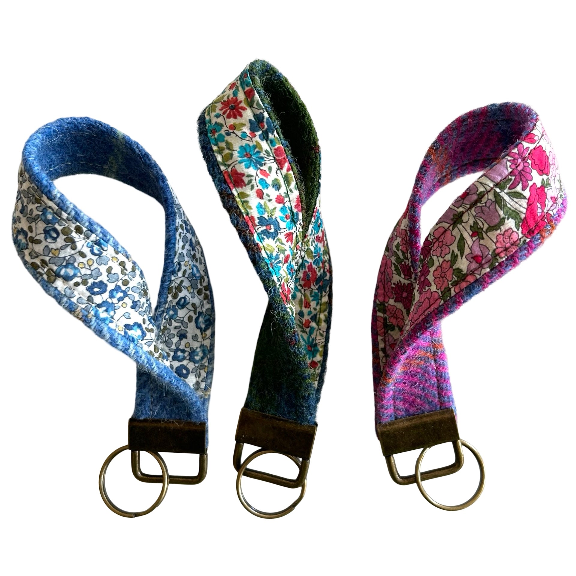Three harris tweed key ring loops lined with Liberty of London floral cotton.