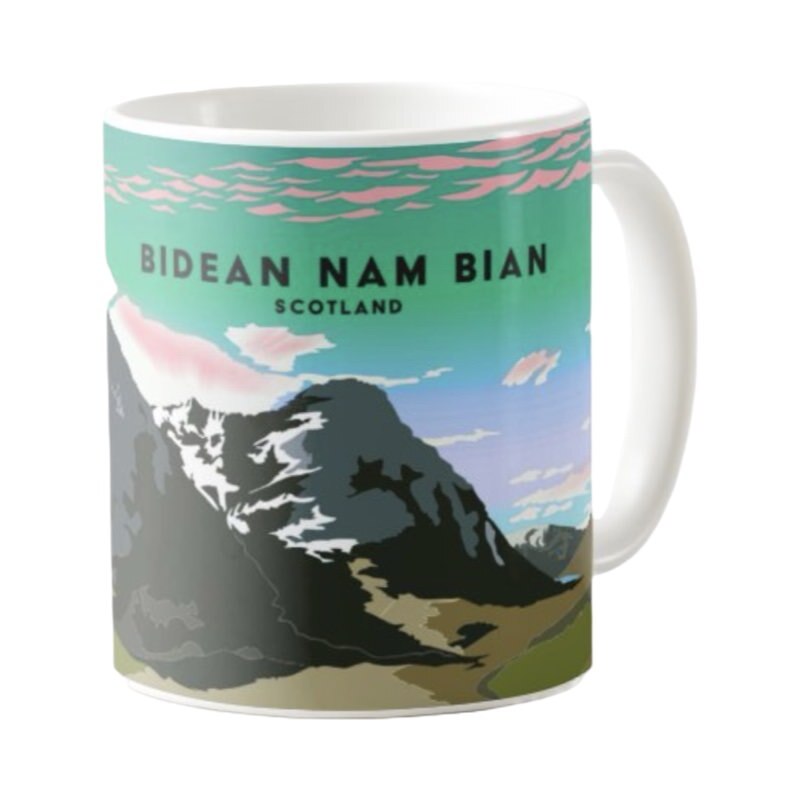 Classic mug featuring a striking panoramic design of the Bidean Nam Bian (three sisters) peaks in Glen Coe, Scotland