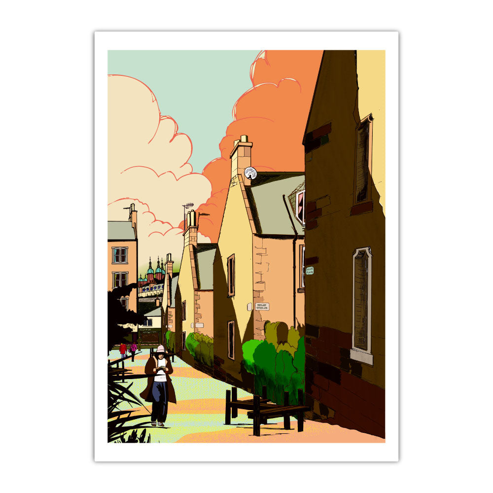 This print illustrates the view looking down Dalry Place, through the colony houses in Haymarket, Edinburgh