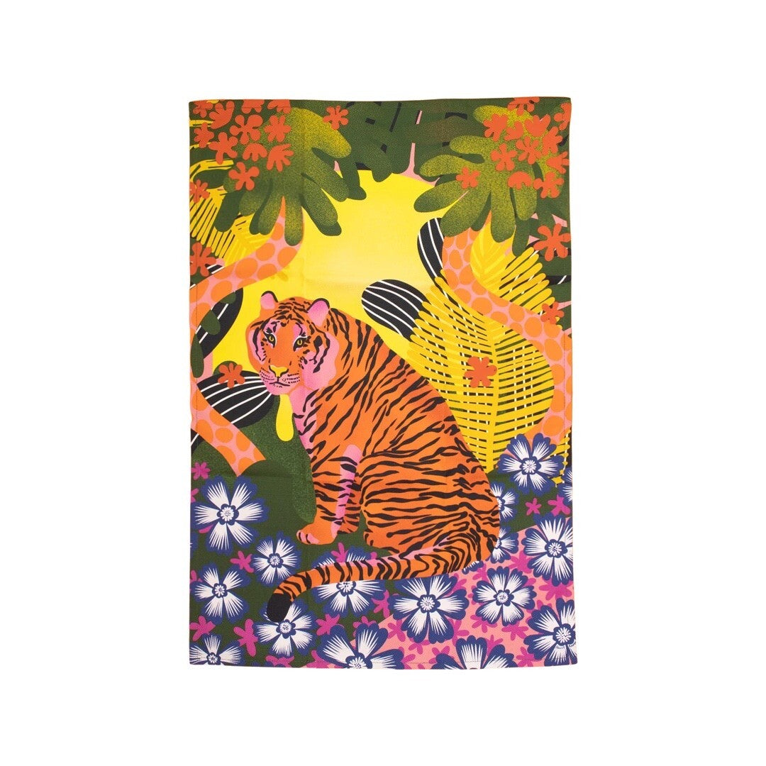 Tea towel featuring a colourful illustration of a sitting tiger in the jungle