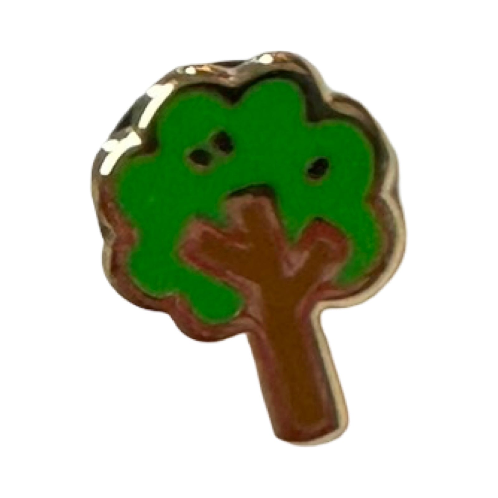 Tree-shaped pin with green leaves and brown trunk on a white background.
