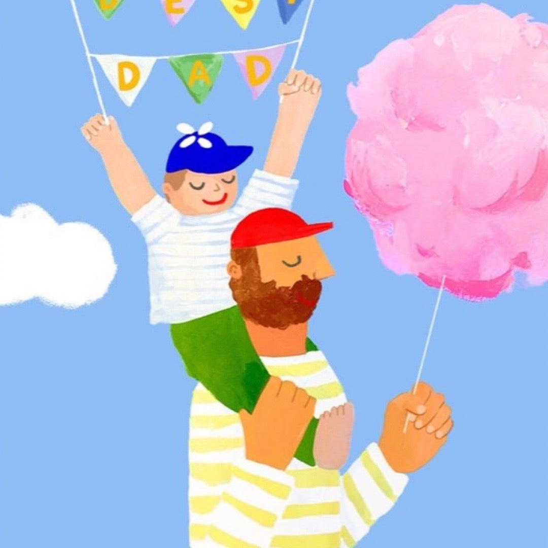 Illustration of a father holding a child with a pink cotton candy against a blue sky.