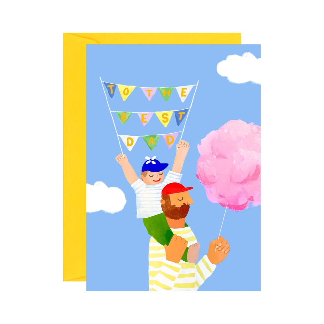 Father's Day card featuring an illustration of a child being carried on their dad’s shoulders carrying some bunting with the text ‘To the best dad’ on the bunting.