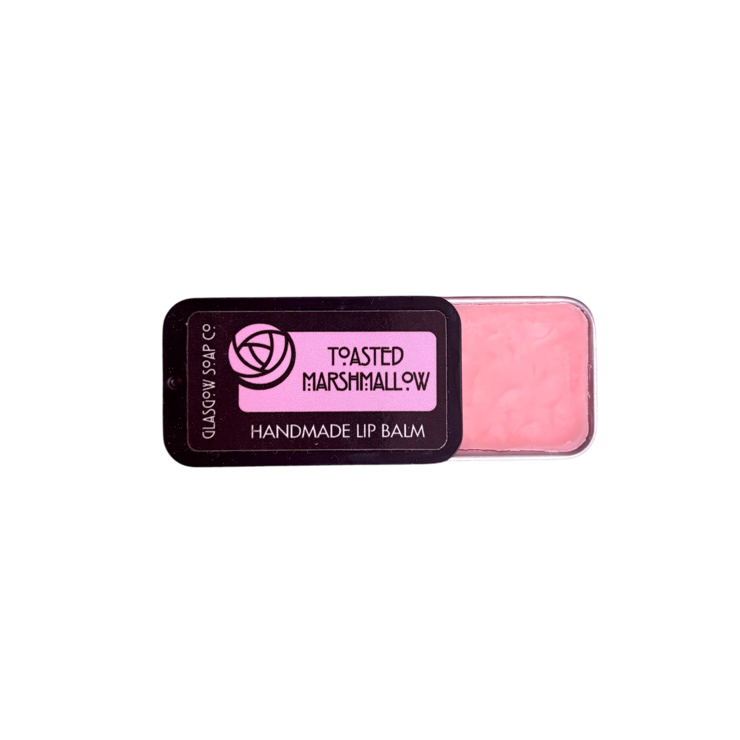 A small black tin of toasted marshmallow flavoured lip balm, half open.