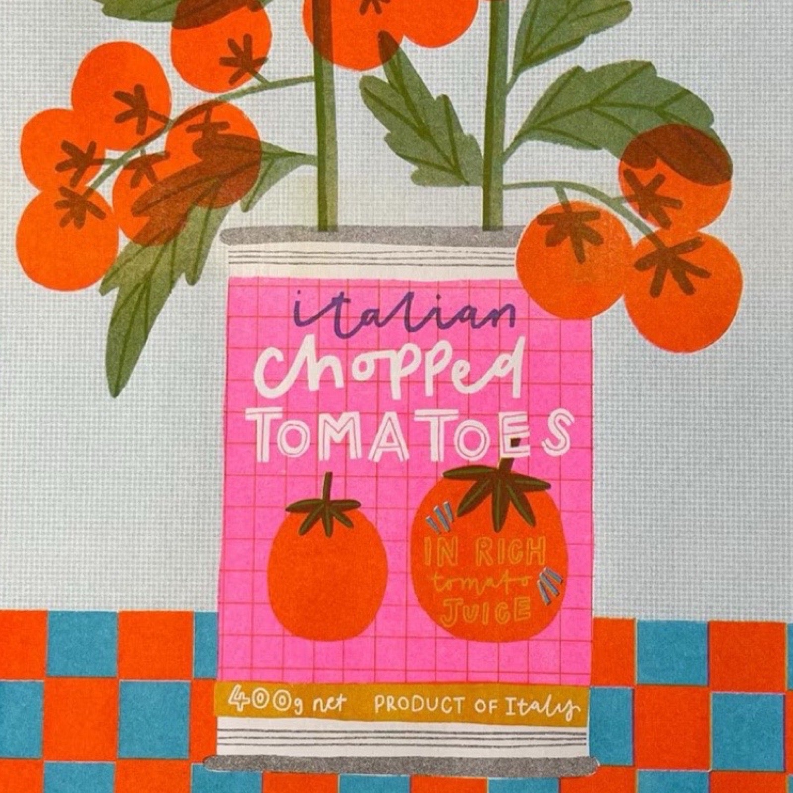 Illustration of a can labeled 'Italian Chopped Tomatoes' with tomatoes on top against a checkered background.