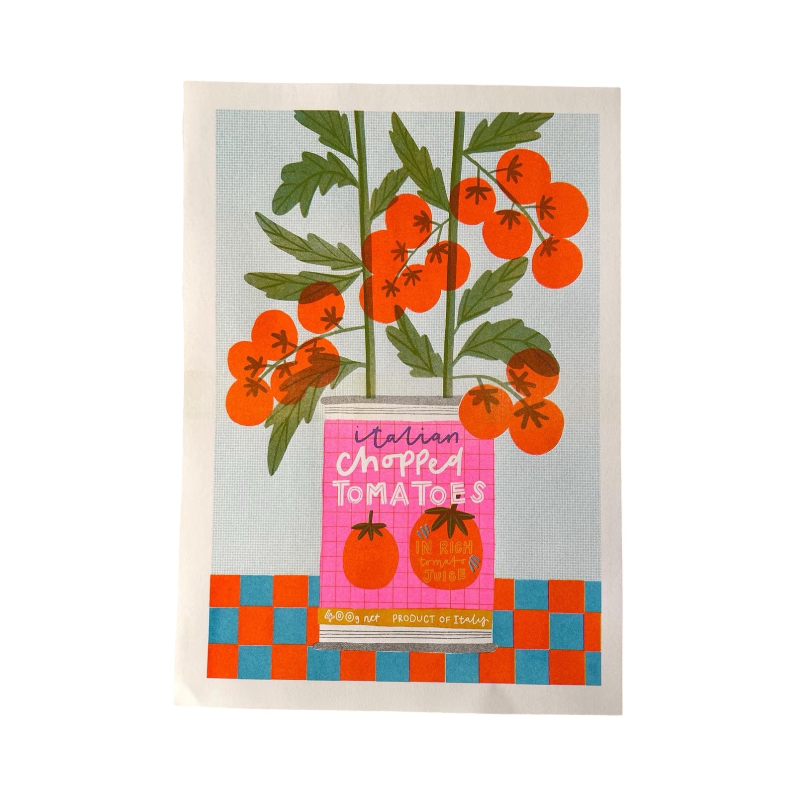 Tea towel with tomato design and 'Italian Chopped Tomatoes' text on a white background.