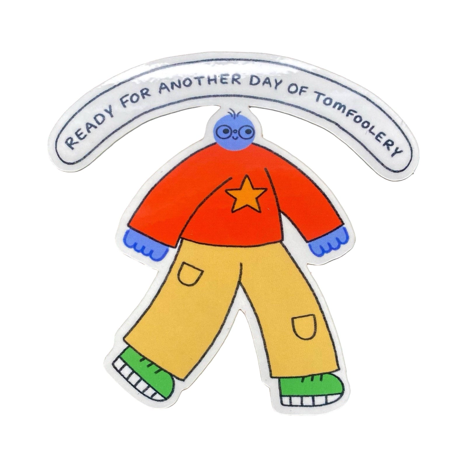 Cartoon character wearing a red shirt with a star, yellow pants, and green shoes, holding an umbrella with text on a white background.
