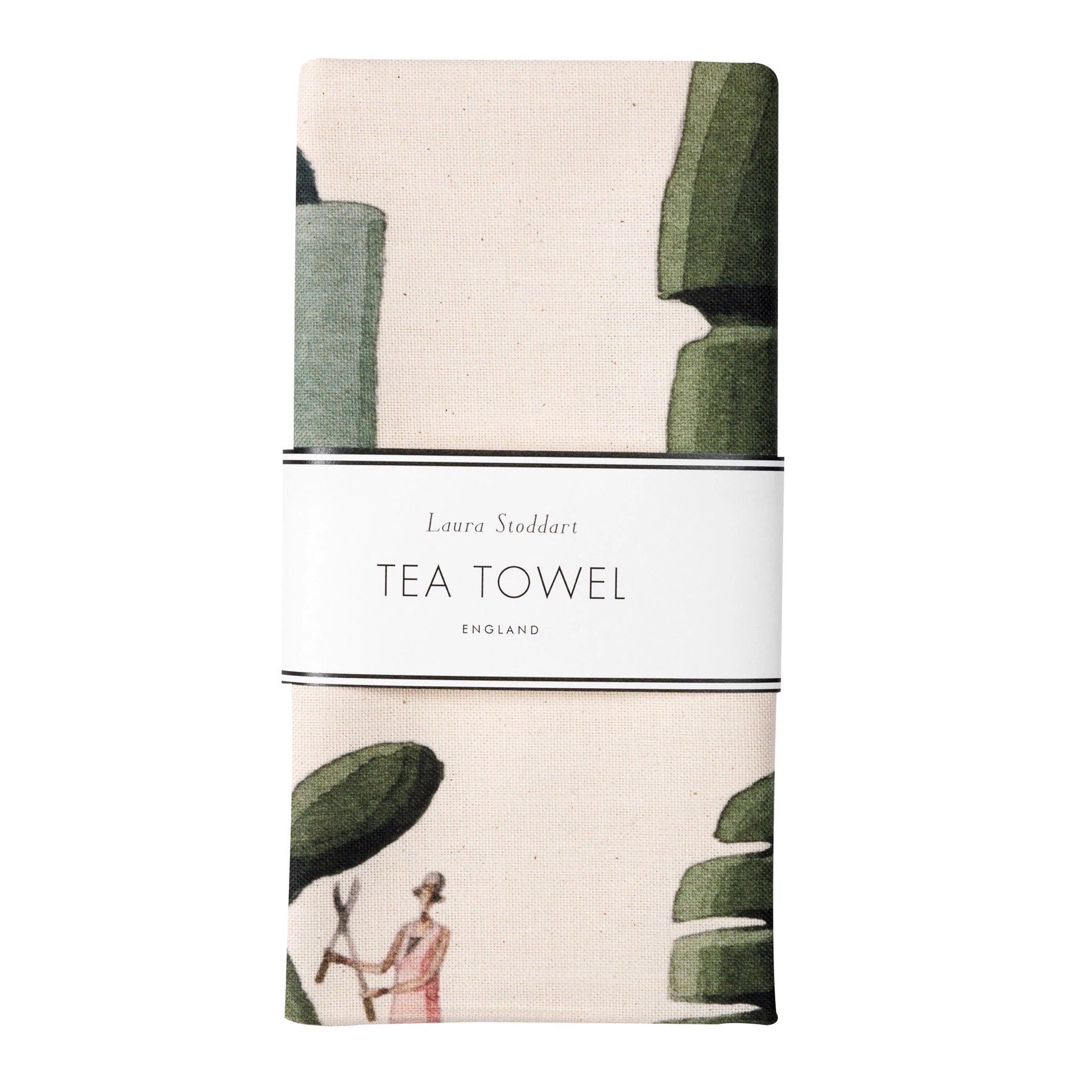 A folded tea towel featuring an illustration of topiary in all its glorious shapes and sizes.